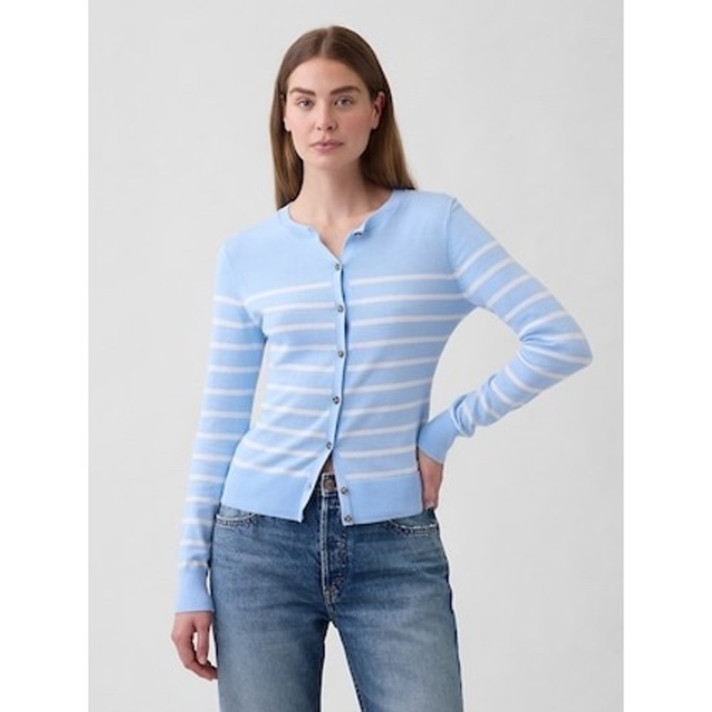 GAP Womens Light Blue White Striped Lightweight Crewneck Cardigan Sweater NWT